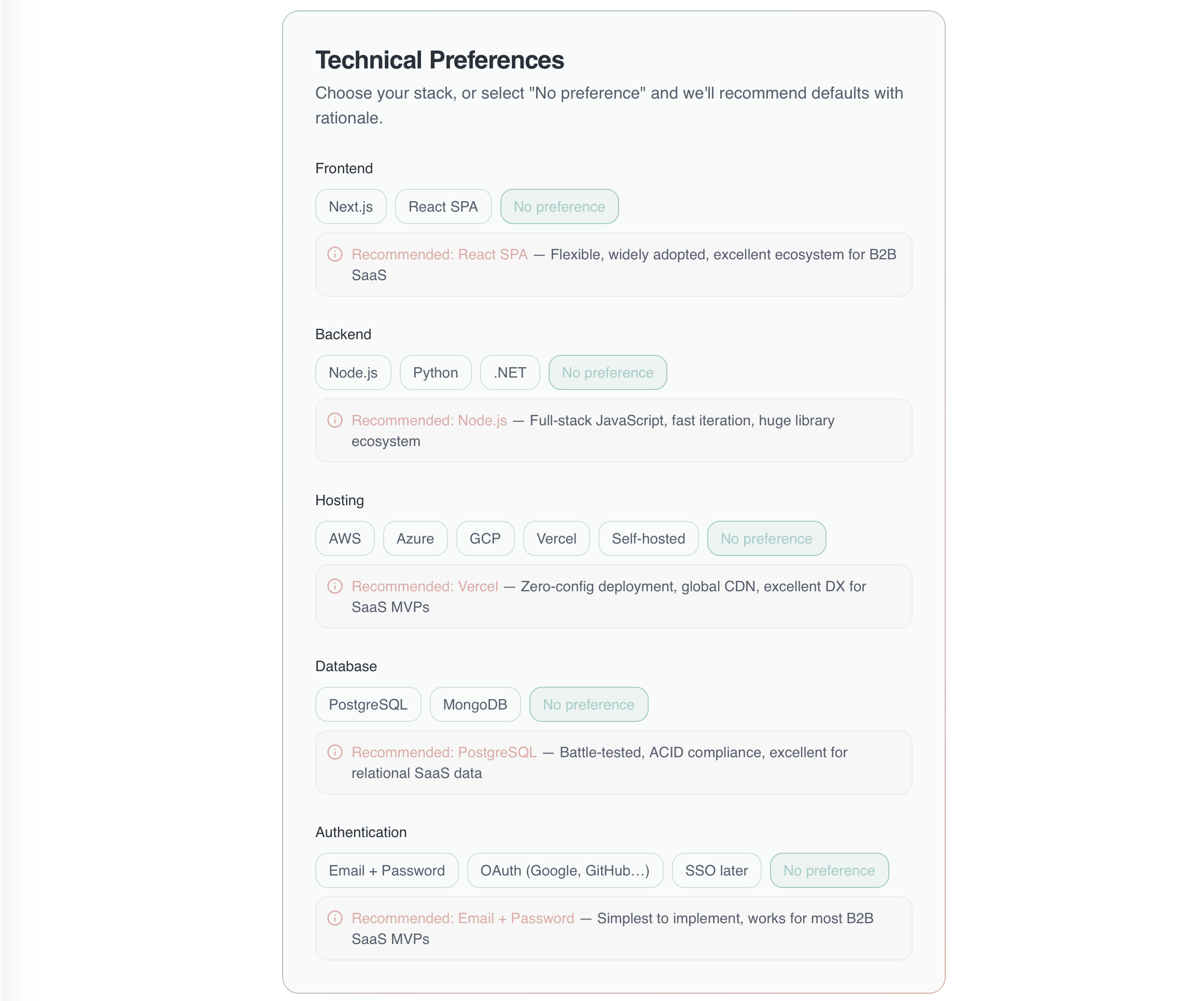 Technical Preferences step